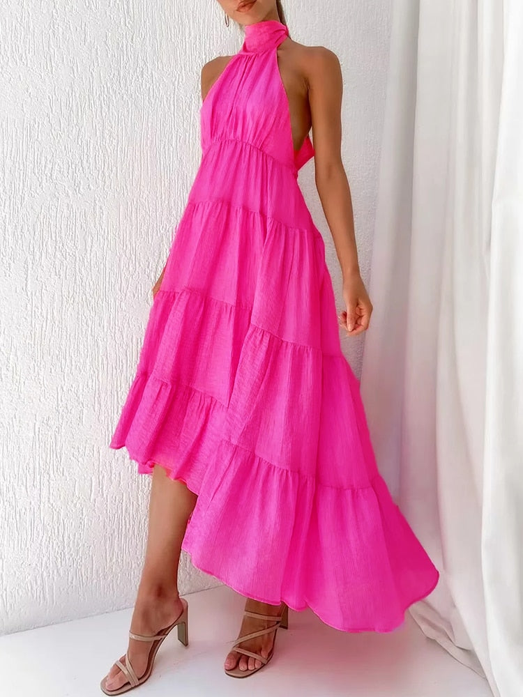 Bowknot Sexy Backless Rose Red Irregular Maxi Summer Women Sundress Tiered Fashion Solid Holiday Elastic Waist Vestido voguable