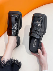 Mules For Women Shoes Female Slippers Platform Cover Toe Square heel Loafers Low Slides New Block Flat Hoof Heels Retro PU voguable