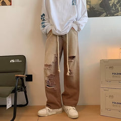 Loose Spring Casual Worn Out Hemp Rope Jeans For Men High Street Fashion Design Straight Denim Pants Male Casual Trousers voguable