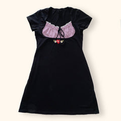 Voguable Vintage Kawaii Bow Embroidery Mini Dress Patchwork Square Collar Short Sleeve Black Dress Retro Y2K Aesthetic Fairy Clothes voguable