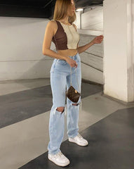 Voguable Womens Loose Fit Jeans 2022 Ripped Wide Leg For Women High Waist Blue Wash Casual Cotton Denim Trousers Summer Baggy Jean Pants voguable