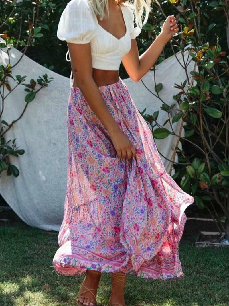 Vintage Chic Fashion Women Pink Floral Print Split Beach Bohemian Skirt High Elastic A-Line Boho Rayon Maxi Skirts Femme voguable