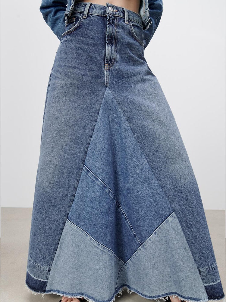 Voguable denim skirt 2022 spring new women's clothing Versatile fashion high waist contrast color patchwork casual denim skirt series voguable