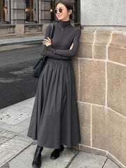 Autumn New Women Elegant Midi A Line Turtleneck Dress Female Vestdios Office Lady Bodycon Fashion Slim Clothes voguable