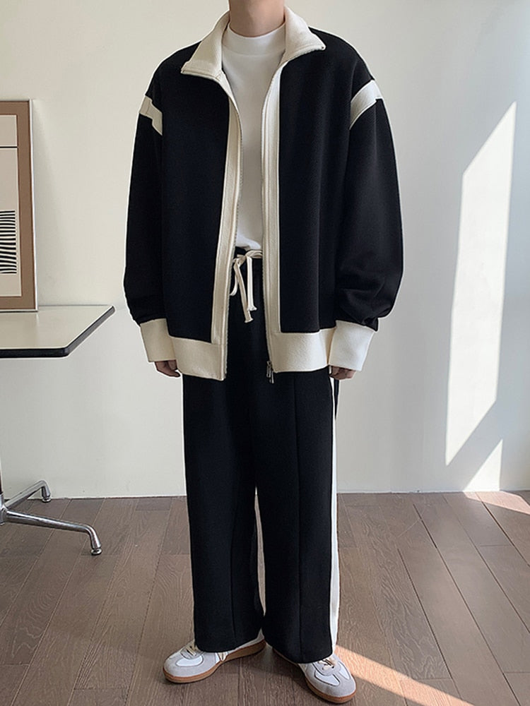 Double Zipper Color Contrast Splicing Men Jacket Sweater Sports Suit Two Piece Casual Korean Fashion Male Sets 9A5716 voguable