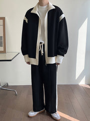 Double Zipper Color Contrast Splicing Men Jacket Sweater Sports Suit Two Piece Casual Korean Fashion Male Sets 9A5716 voguable