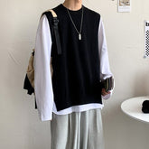 Sweater Vest Men Ins Baggy Unisex Ulzzang Fashion Streetwear All-match Clothes Knitting Japanese Teens Students Side Slit Design voguable