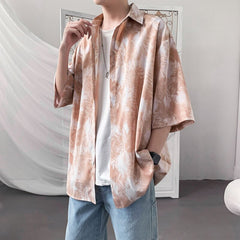 Summer Short Sleeve Shirts Men Fashion Printed Casual Shirts Men Korean Loose Ice Silk Shirts Mens Hawaiian Shirts Large Size voguable