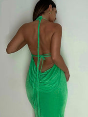 Cryptographic Elegant Fashion Halter Sexy Backless Draped Maxi Dress Women Summer Club Party Long Straps Shift Dresses Clothes voguable