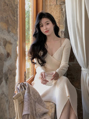 Autumn Elegant Ribbed Knitted Dresses For Women Winter Bodycon Evening Party Dress Female Fashion Long Sleeve Vestidos voguable