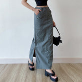 Casual Pocket Cargo Pencil Skirt Women Vintage Y2K All-match Solid Chic Side Slit Wrap Hip Summer Long Skirt Streetwear voguable