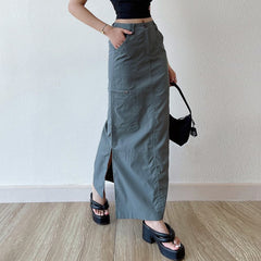 Casual Pocket Cargo Pencil Skirt Women Vintage Y2K All-match Solid Chic Side Slit Wrap Hip Summer Long Skirt Streetwear voguable