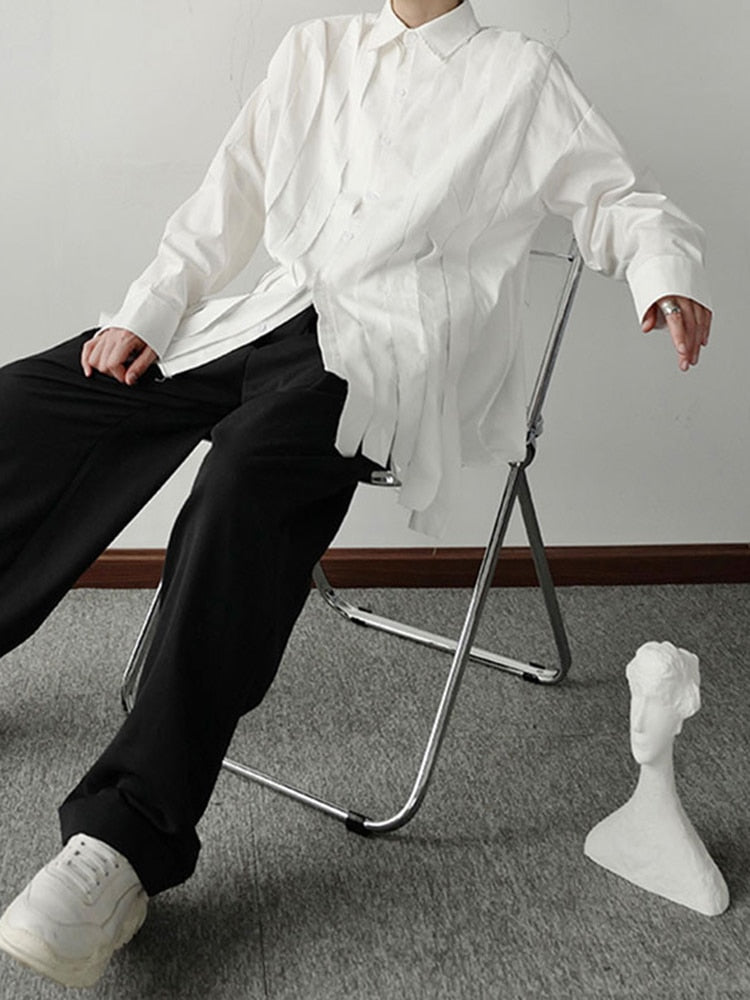 New Large Loose Patchwork Fringed Ribbon Long Sleeve Irregular Shirt Single Breasted Simple Temperament 9A3172 voguable