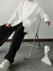 New Large Loose Patchwork Fringed Ribbon Long Sleeve Irregular Shirt Single Breasted Simple Temperament 9A3172 voguable