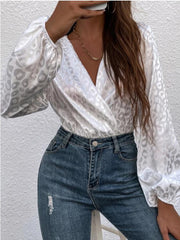 Puff Sleeve Bodysuits Women Leopard Print Long Sleeve V Neck Tops Blouses Autumn Sexy Elegant Bodysuit Top Female New voguable