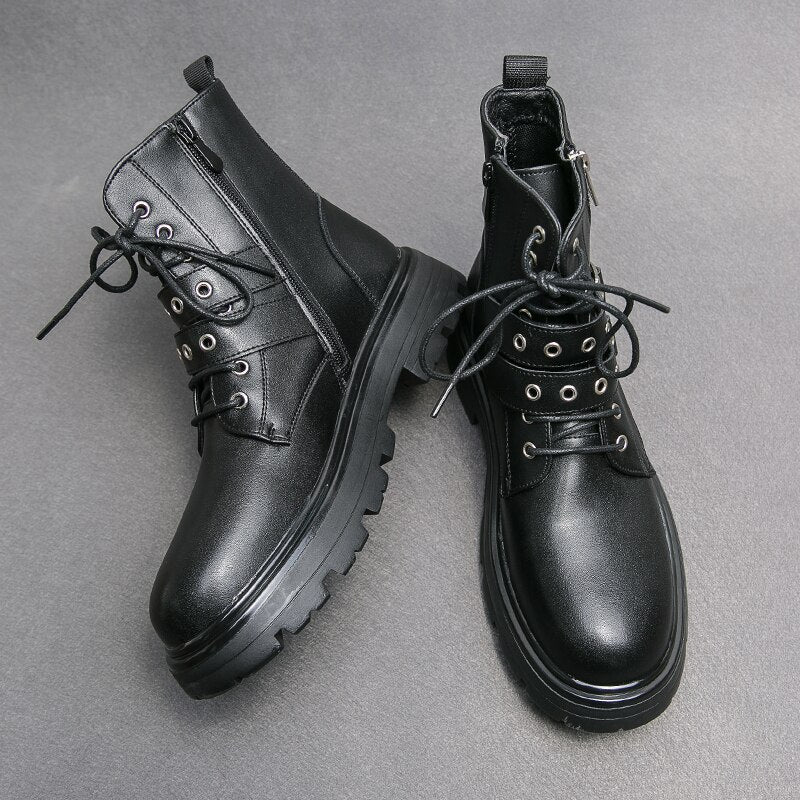British Ankle Boots Men Shoes Fashion Black PU Personality Double Buckle Zipper Lace Thick Bottom Classic Casual Street CP361 voguable