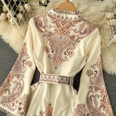 Spring Autumn Elegant Maxi Dresses for Women Boho Printed Flare Sleeve Button Female Party Evening Big Swing High Waist Luxury voguable