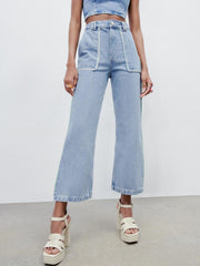 Voguable 2022 spring new women's clothing European and American style faux pearl button stitching denim jacket high waist jeans voguable