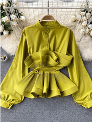 Spring Autumn Women New Draped Ruffle Blouse Vintage Stand Collar Puff Long Sleeve Single Shirt Slim Female Tops voguable