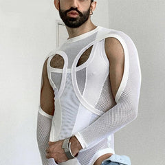 Voguable Men Bodysuits Mesh Patchwork See Through Pajamas O-neck Long Sleeve Rompers Underwear 2022 Skinny Sexy Bodysuit S-5XL voguable