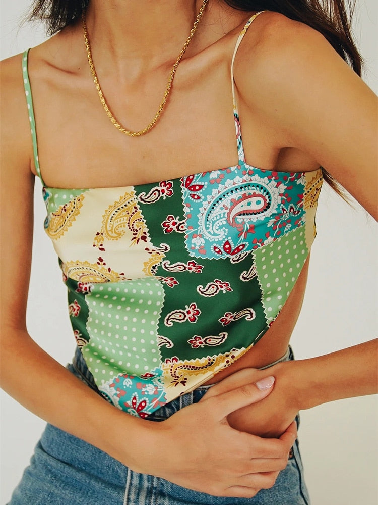 Summer Clothes For Women Tops Spaghetti Strap Vintage Patchwork Print Satin Camis Streetwear Open Back Tie Sexy Crop Top voguable