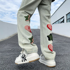 Embroidered Cute Graphic Ins Men Jeans Streetwear Loose Straight Hip Hop Male Denim Pants American Style Unisex Trousers voguable