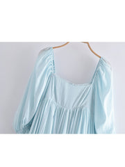 2022 Fashion Women Vintage Sky Blue Puff Sleeve Dress Sweet Lace Trim Square Neck Pleated Ladies Dress Midi Robe voguable