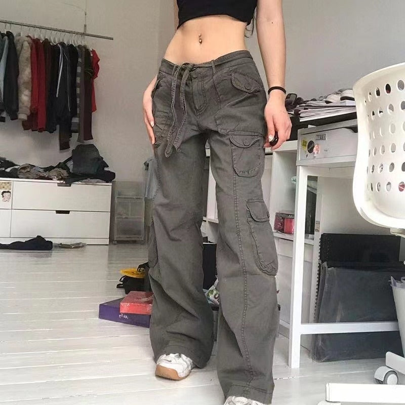 Voguable Fashion American Trousers High Street Retro Gray Cargo Pants Woman Sexy Low Waist Baggy Pants Casual Trousers Streetwear voguable