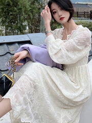 Elegant Casual Autumn Midi Women Dress Lace Long Sleeve Embroidered Vintage Slim A-Line Party Vestidos Femme Clothes Robe voguable