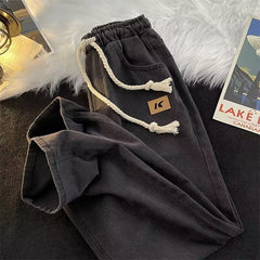 Spring New Women Vintage Jeans High Street Drawstring Wide Leg Female Denim Pants Fashion Straight Unisex Casual Trousers voguable