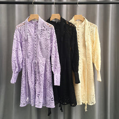 Spring Autumn Lace Dress for Women Hook Flowers Long Sleeve Vintage Button Vestidos Boho Beach Vacation See Through Chic New In voguable