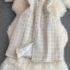 Autumn Sexy Tweed Dress for Women Sleeveless Bodycon Female Vestidos Chic Strap Single Breasted Tarf Female Vacation Runway New voguable