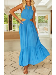 Casual Women Maxi Cotton Rayon Dress Blue Elegant Waist Hollow Out Sleeveless Sexy Beach Long Dress Holiday New Dress voguable