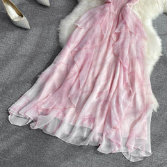 Summer Elegant Midi Dress for Women Pink Ruffle Spaghetti Strap Femlae Vestidos Flared Sexy Bright Layered Dresses Prom New In voguable
