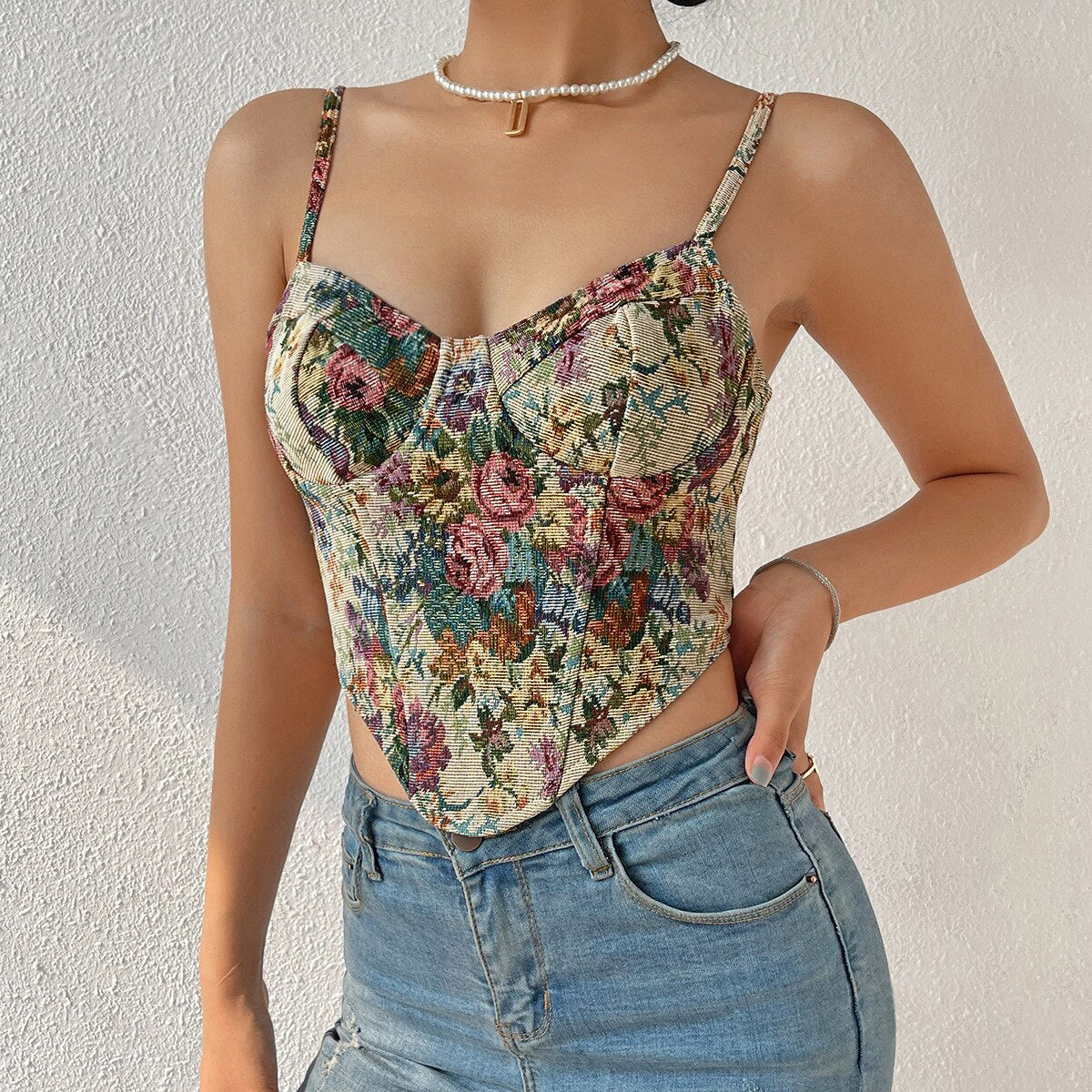 Y2k Women Elegant Designer French Vintage Print Halter Tops Chic Bandage Floral Corset Shirts Sexy Style Party Club Ladies Top voguable