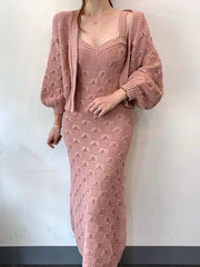 Chic Knitted Lantern Sleeve Cardigan Sweater Coat V-Neck Sleeveless Spaghetti Strap Sweater Dress 2 Piece Women Clothes Winter voguable