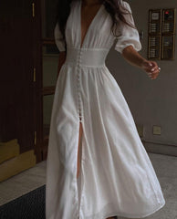 voguable Clacive White Sexy Single-Breasted Women'S Dress 2022 Elegant Short Sleeve V-Neck Party Dresses Lady Casual Slim Midi Dress voguable