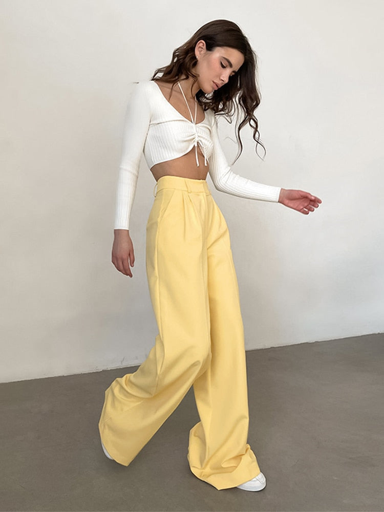 Voguable  Women High Waist Pants 2022 Casual Loose Office Lady Trousers Spring Summer New Fashion Solid Wide Leg Floor-Length Pants Female voguable