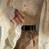 Summer Elegant Blouse for Women Hool Flower Hollow Long Flare Sleeve Single Breasted Tops Chic See Through Round Neck Vintage voguable