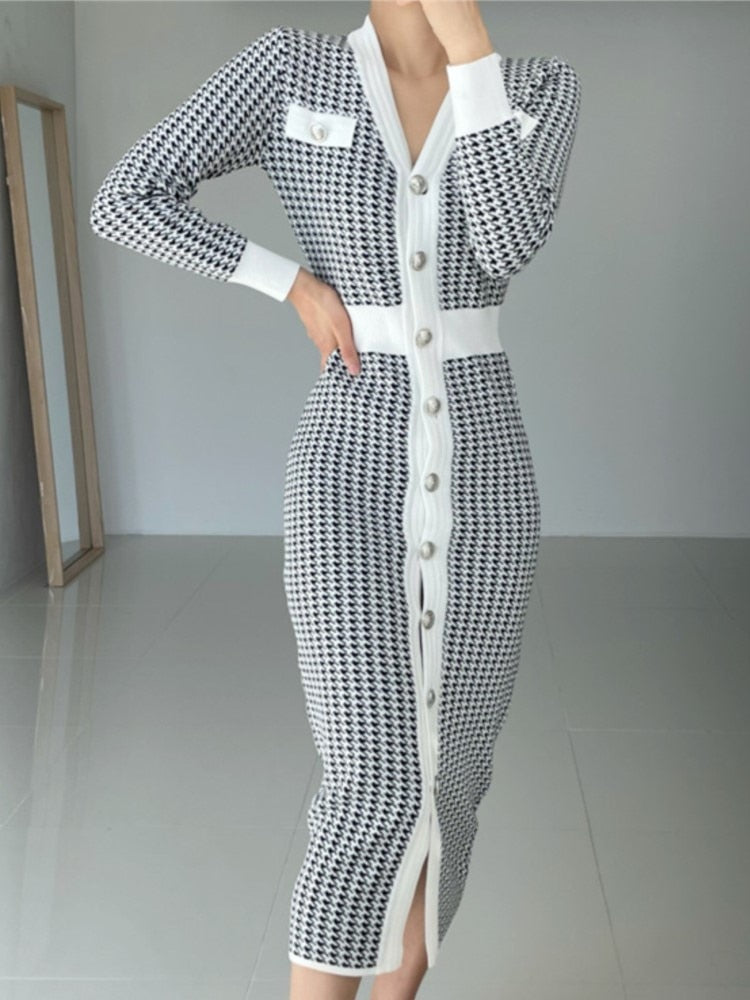 Women Autumn Casual Bodycon Slim Midi Party Dress Office Ladies Elegant Vintage Warm Houndstooth Vestidos Femme Fashion Robe voguable
