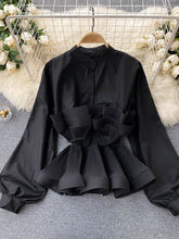 Spring Autumn Women New Draped Ruffle Blouse Vintage Stand Collar Puff Long Sleeve Single Shirt Slim Female Tops voguable