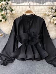 Spring Autumn Women New Draped Ruffle Blouse Vintage Stand Collar Puff Long Sleeve Single Shirt Slim Female Tops voguable