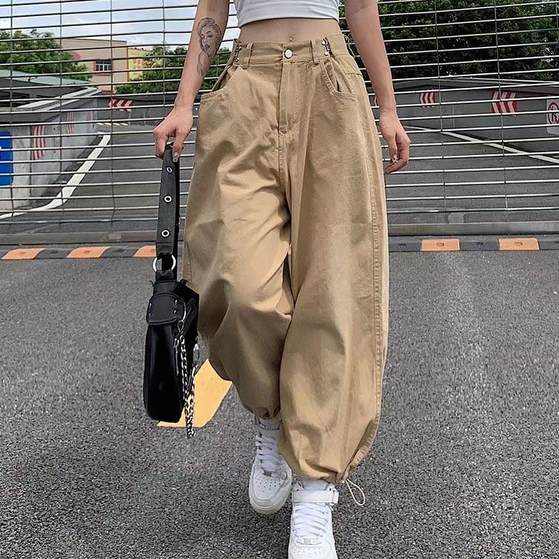 Voguable Khaki Oversized Cargo Baggy Pants Y2K Hip Hop Style Loosed Adjustable Waist Drawstring Long Pant Streetwear 90s Style Clothes voguable