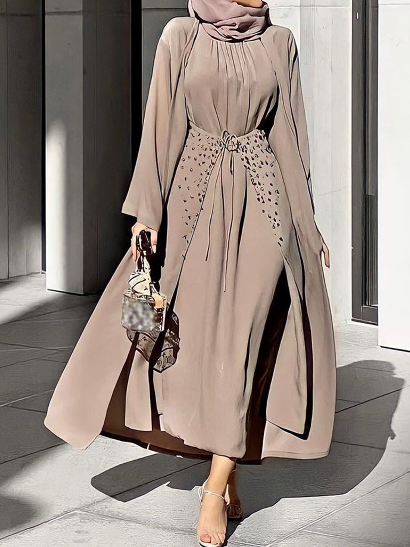 Voguable Handcraft Beads 3 Piece Muslim Set Matching Outfit Crinkled Crepe Open Abaya Kimono Long Sleeve Dress Wrap Skirt Dubai Autumn voguable