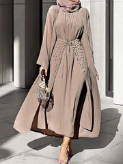 Voguable Handcraft Beads 3 Piece Muslim Set Matching Outfit Crinkled Crepe Open Abaya Kimono Long Sleeve Dress Wrap Skirt Dubai Autumn voguable