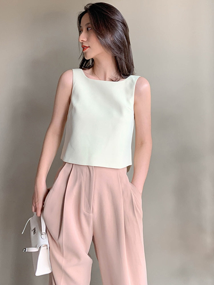 Women White Backless Pleated Irregular Tank Tops New O-collar Sleeveless Personality Fashion Spring Summer voguable