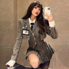 Retro Brown Plaid Vest Shirt Coat Skirt Sets Girl College Style Plaid Suit Pleated Mini Skirt Female Sexy Korean Jacket Blazers voguable