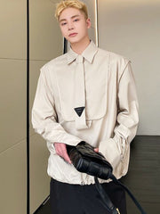 Tie Design Pullover Lapel Long Sleeve Men's Shirt Solid Color Versatile Autumn New Casual Korean Style Simple Loose voguable