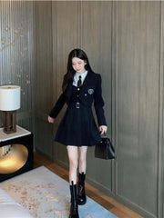 Women Blazer Shirt Dress Three-piece Suits Autumn Spring College Style Long-sleeved Shirt+woolen Short Coat+suspender Dress voguable