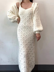 Chic Knitted Lantern Sleeve Cardigan Sweater Coat V-Neck Sleeveless Spaghetti Strap Sweater Dress 2 Piece Women Clothes Winter voguable